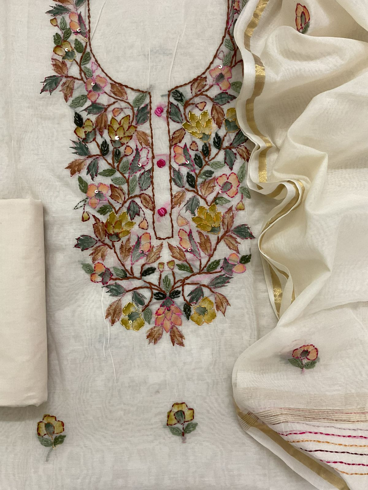 Soft Chanderi Brush Painted Embroidered Suit - Off White