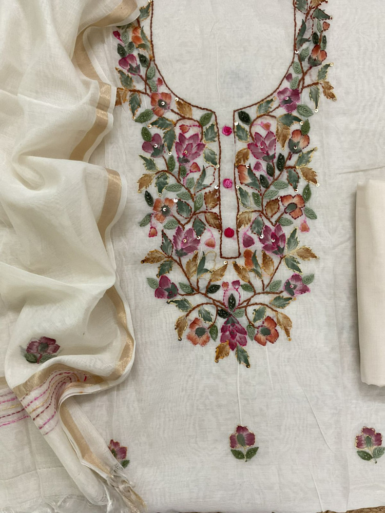 Image of Soft Chanderi Brush Painted Embroidered Suit - Off White