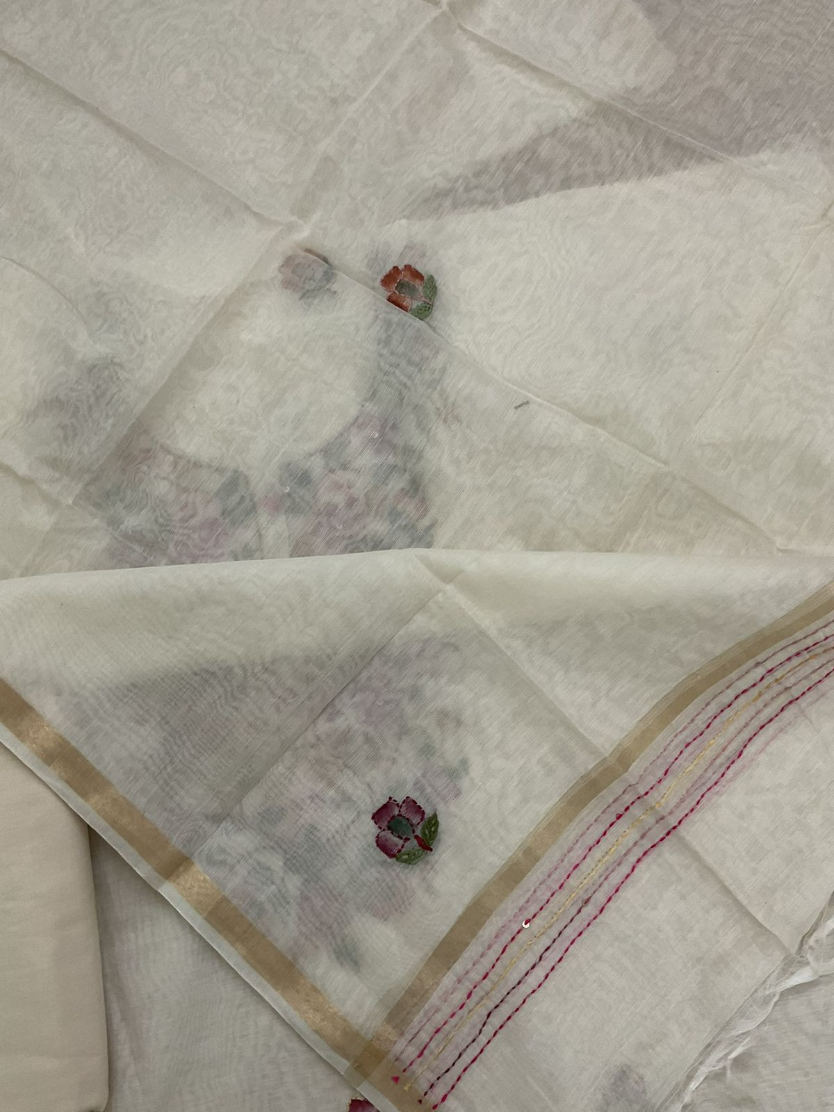Soft Chanderi Brush Painted Embroidered Suit - Off White
