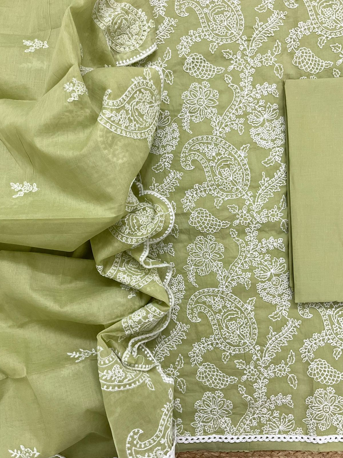 Pure Cotton Embroidered Suit - Green