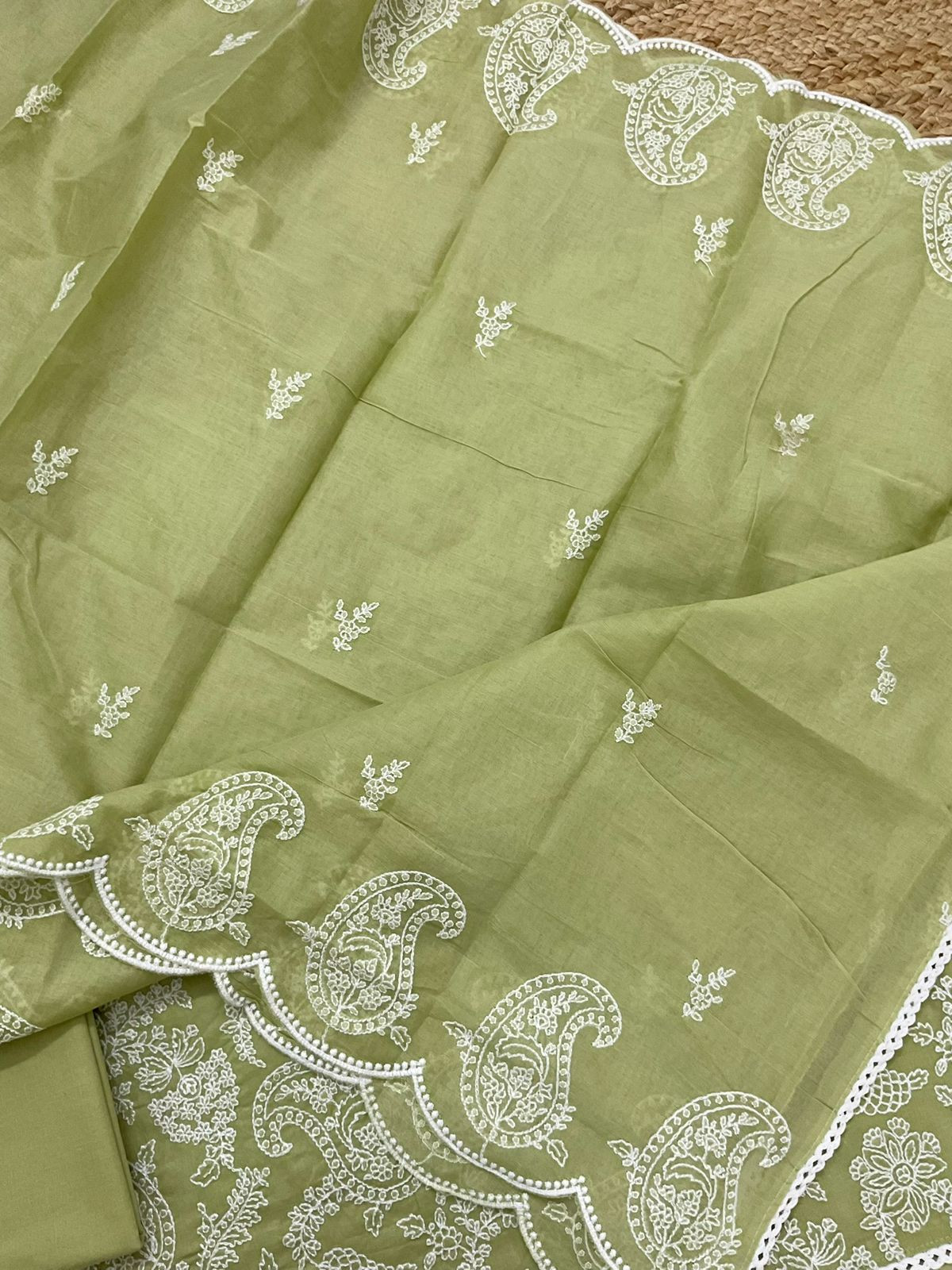 Pure Cotton Embroidered Suit - Green