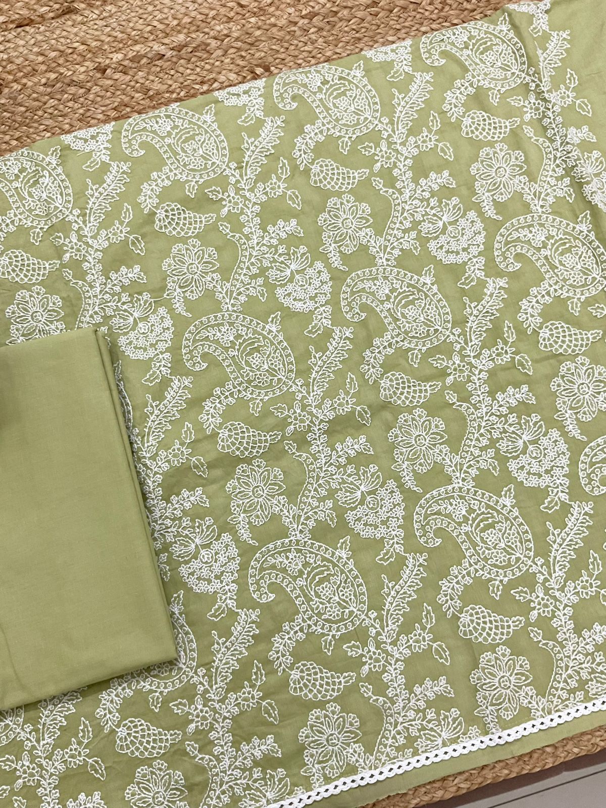 Pure Cotton Embroidered Suit - Green