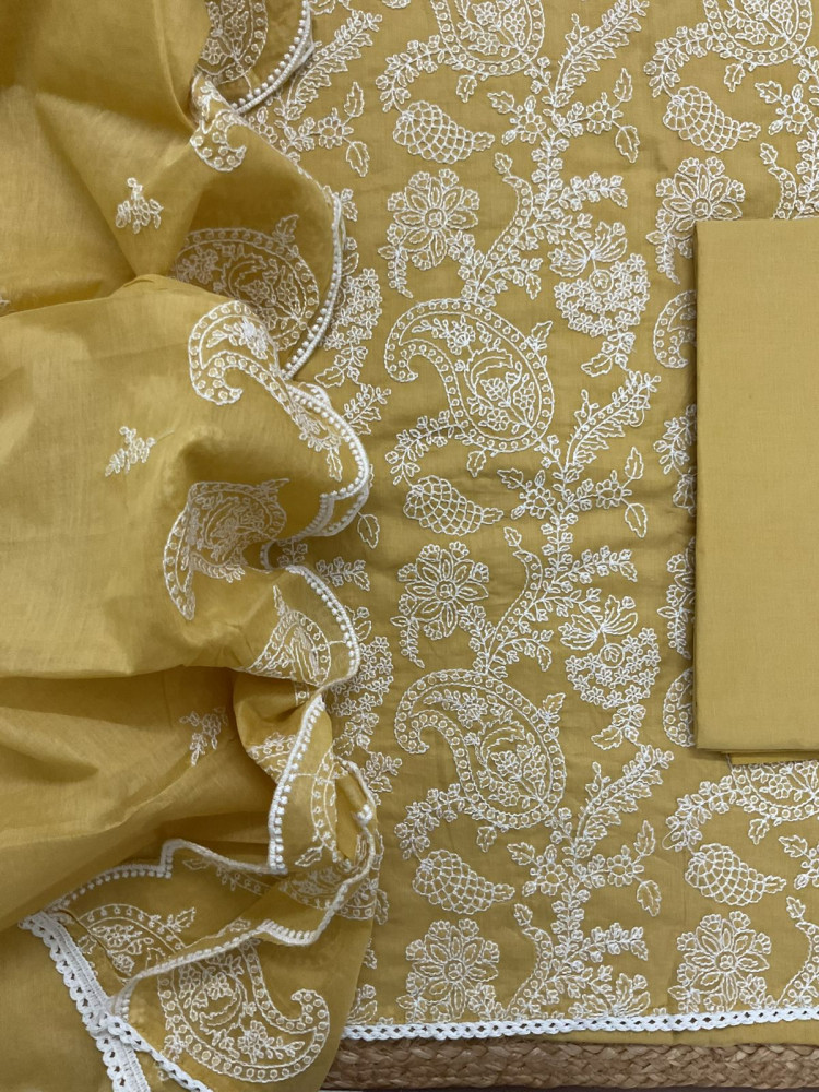 Image of Pure Cotton Embroidered Suit - Yellow