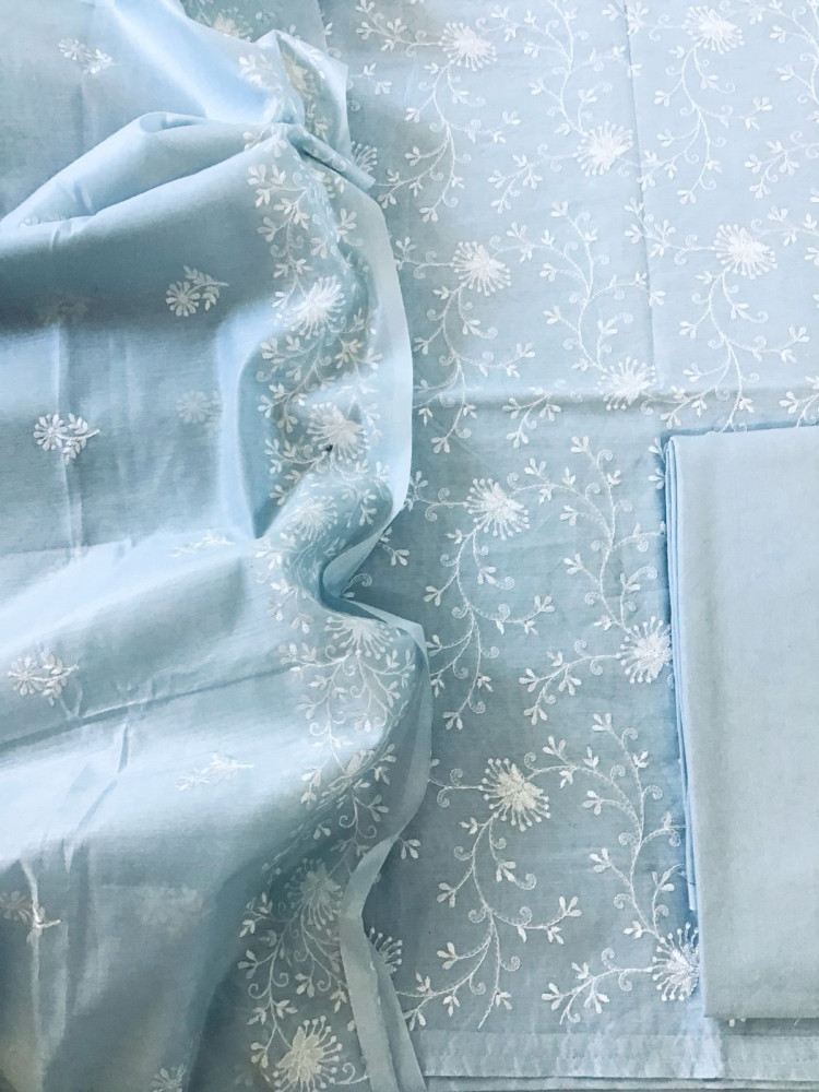 Image of Soft Chanderi Embroidered Suit - Grey