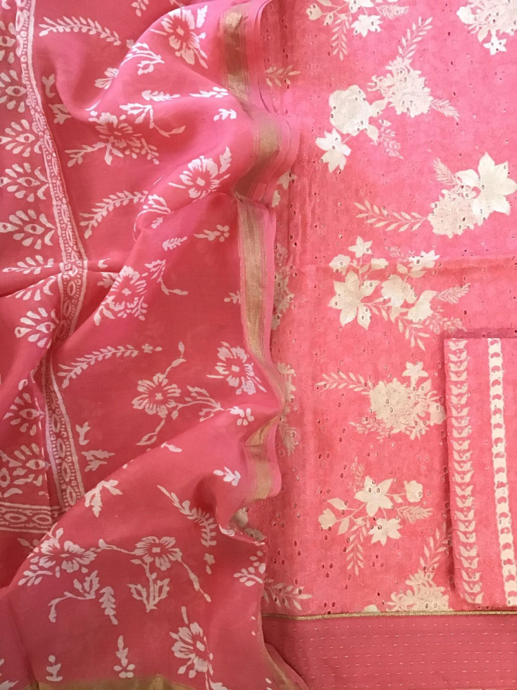 Image of Pure Hakoba Cotton Printed Embroidered Suit - Peach