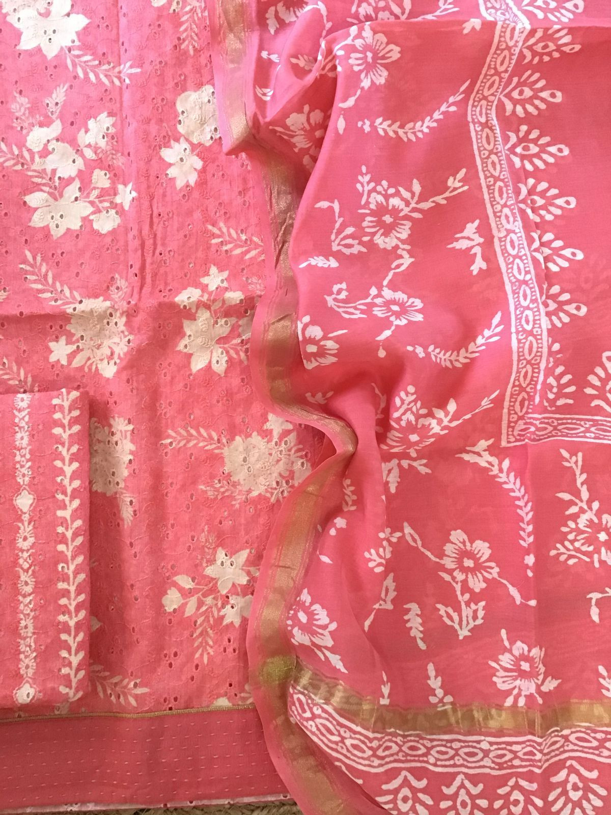 Pure Hakoba Cotton Printed Embroidered Suit - Peach