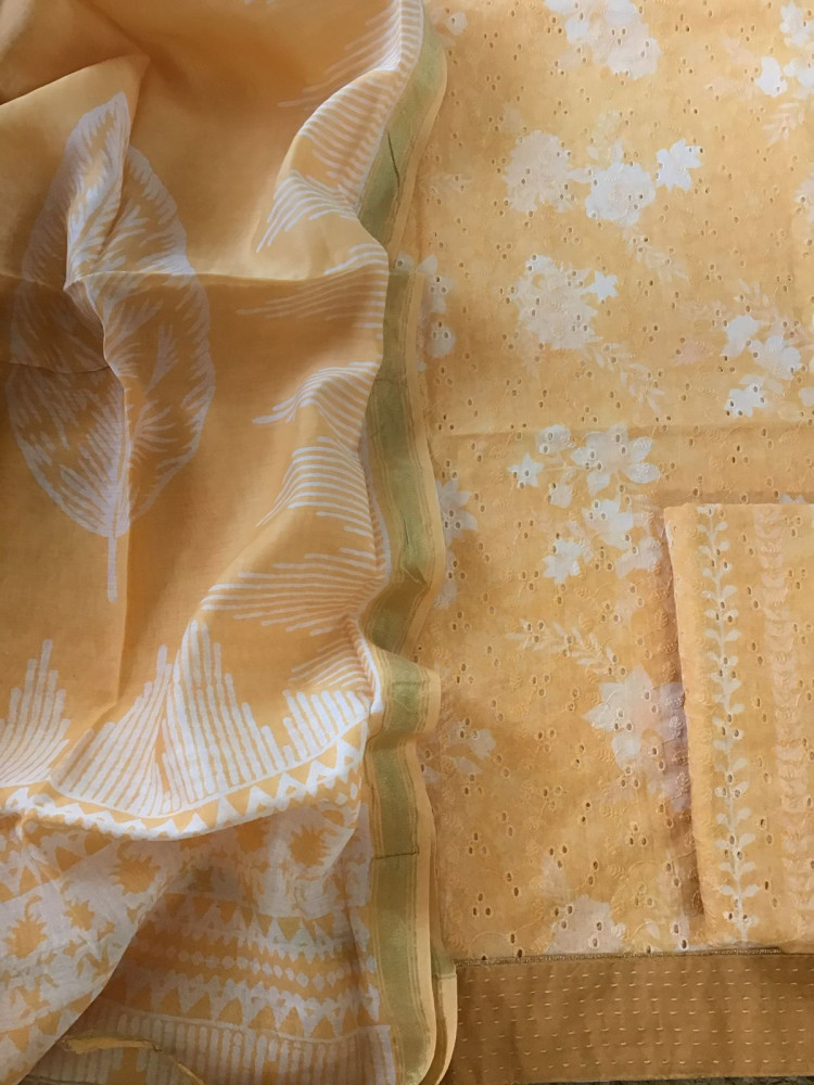 Image of Pure Hakoba Cotton Printed Embroidered Suit - Yellow