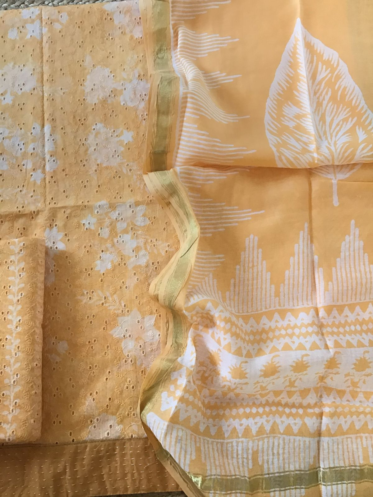 Pure Hakoba Cotton Printed Embroidered Suit - Yellow