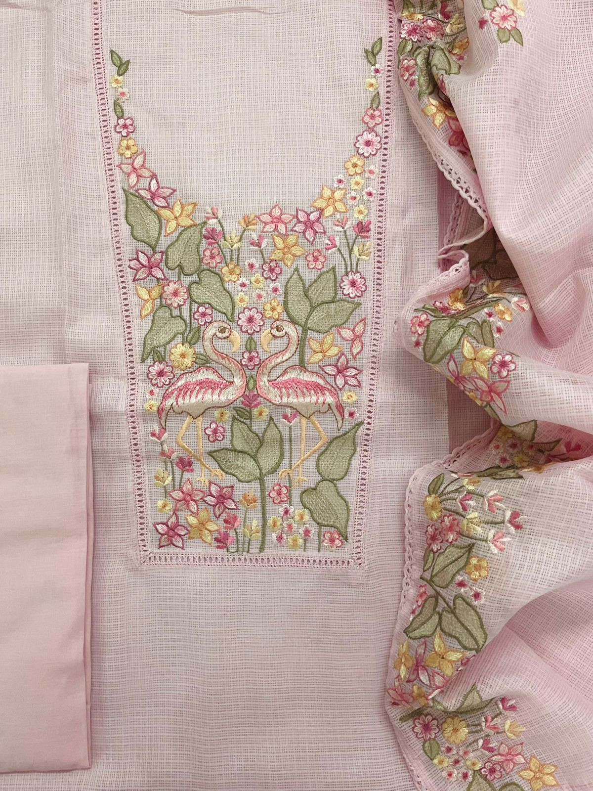 Soft Kota Silk Embroidered Suit - Pink