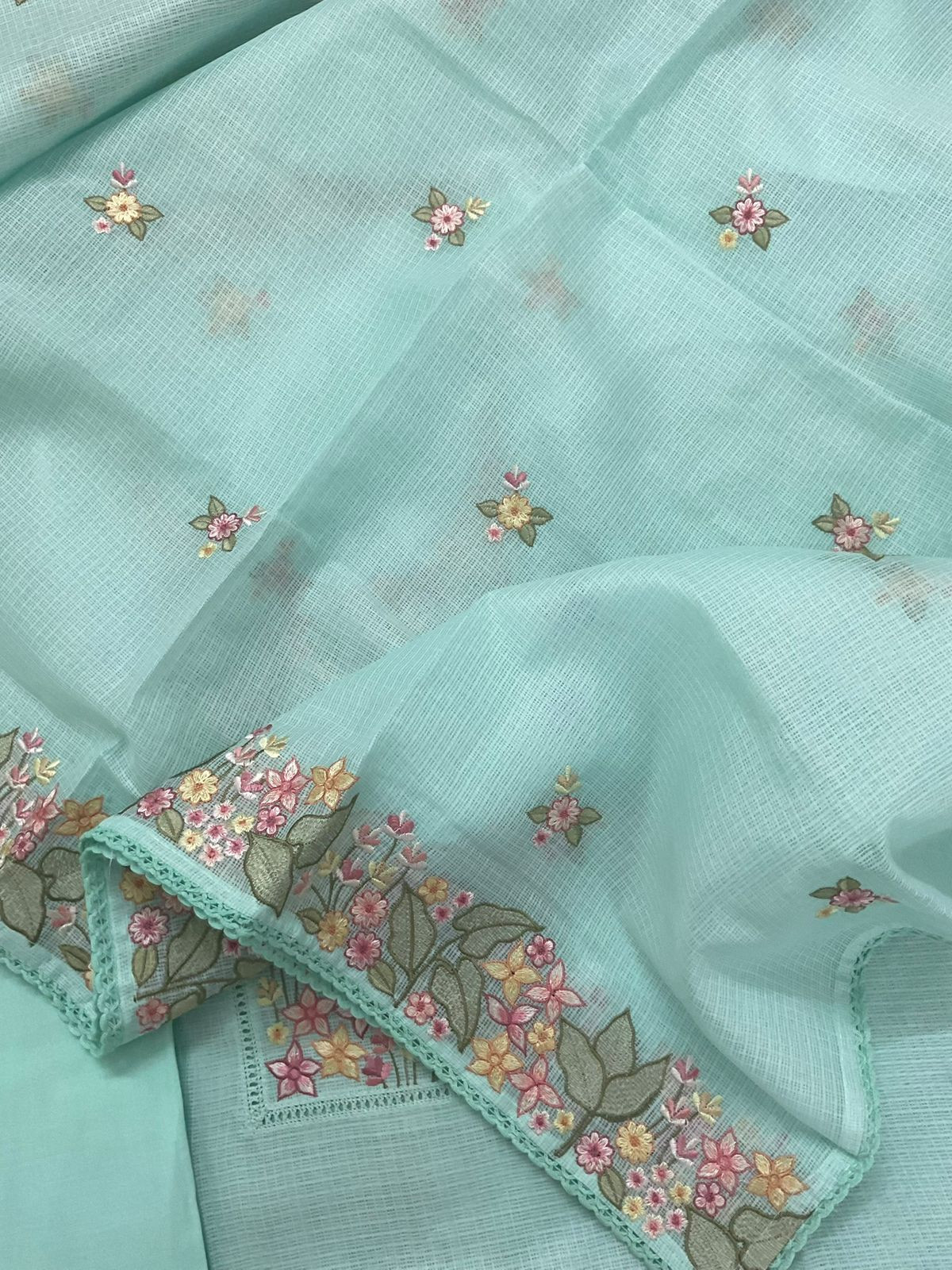Soft Kota Silk Embroidered Suit - Blue