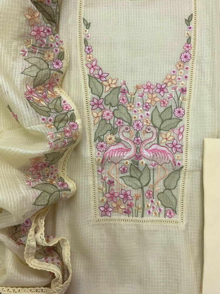 Image of Soft Kota Silk Embroidered Suit - Yellow