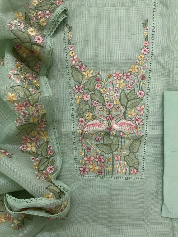 Image of Soft Kota Silk Embroidered Suit - Green