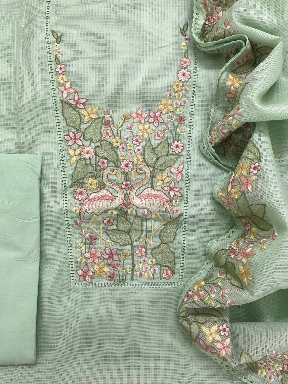 Soft Kota Silk Embroidered Suit - Green