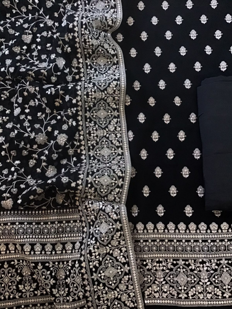 Image of Pure Georgette Embroidered Suit - Black