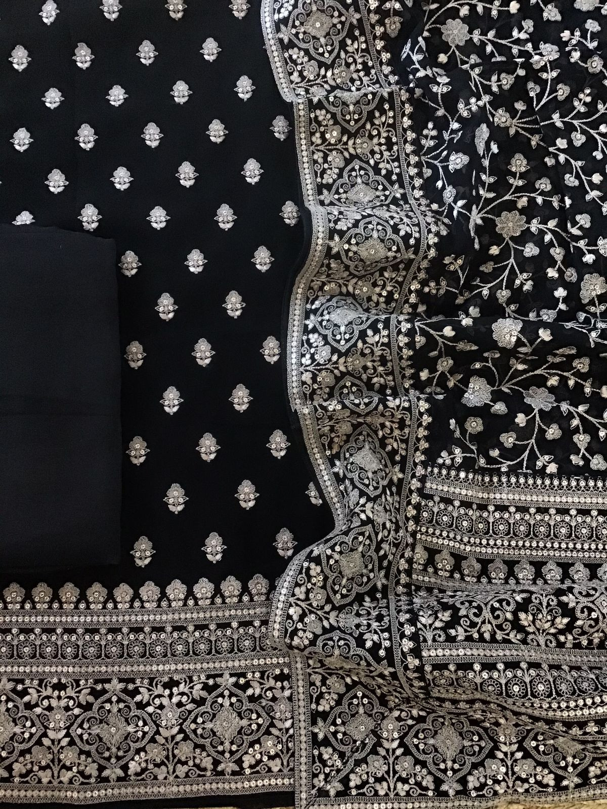 Pure Georgette Embroidered Suit - Black