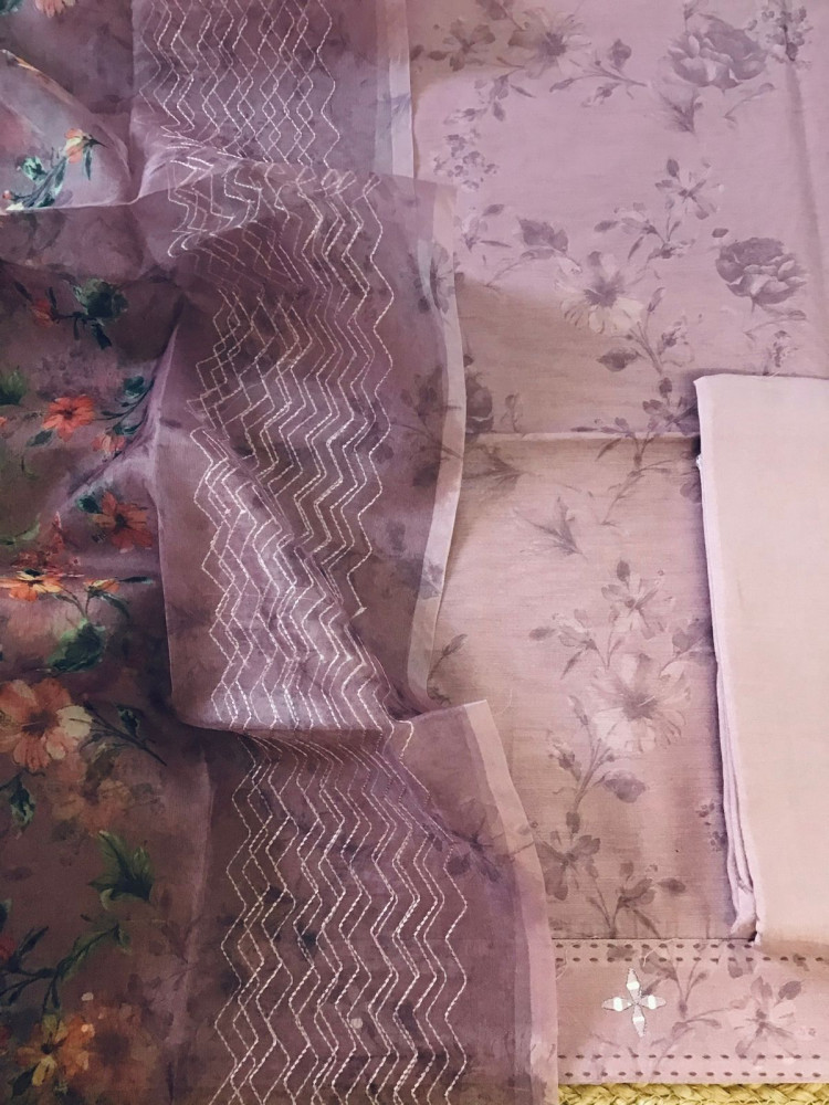 Image of Pure Muslin Printed Embroidered Suit - Onionpink