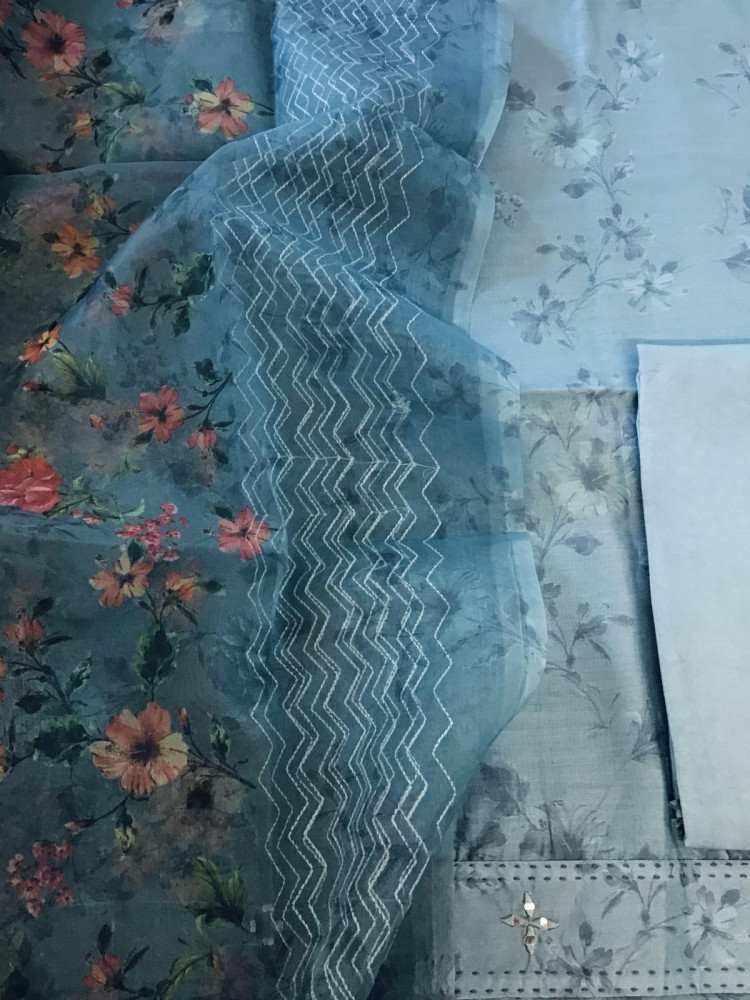 Image of Pure Muslin Printed Embroidered Suit - Blue