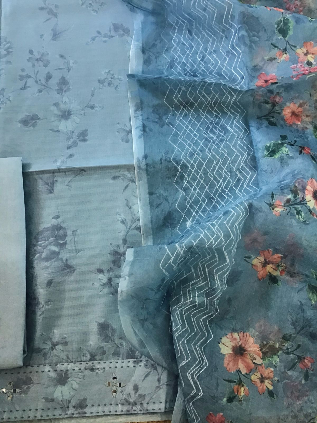 Pure Muslin Printed Embroidered Suit - Blue
