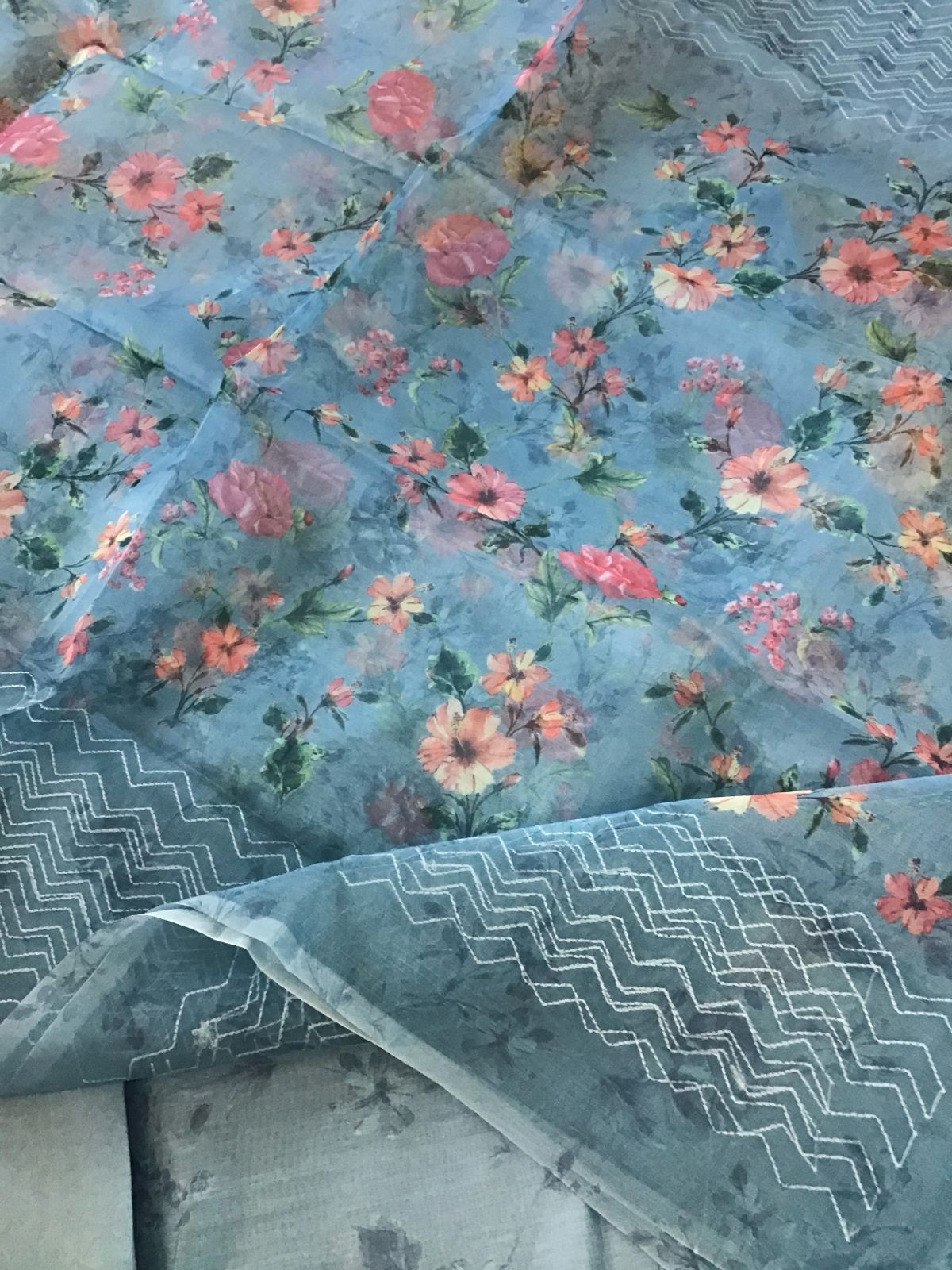 Pure Muslin Printed Embroidered Suit - Blue