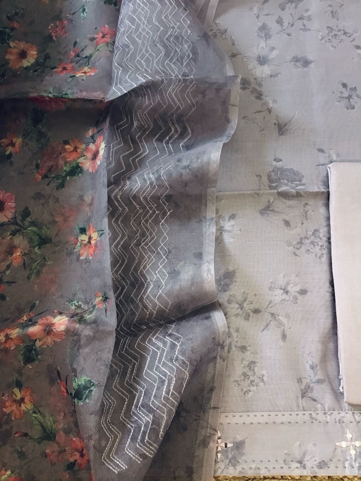 Pure Muslin Printed Embroidered Suit - Beigish Grey