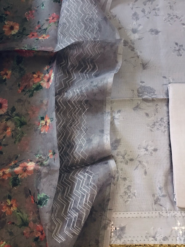 Image of Pure Muslin Printed Embroidered Suit - Beigish Grey