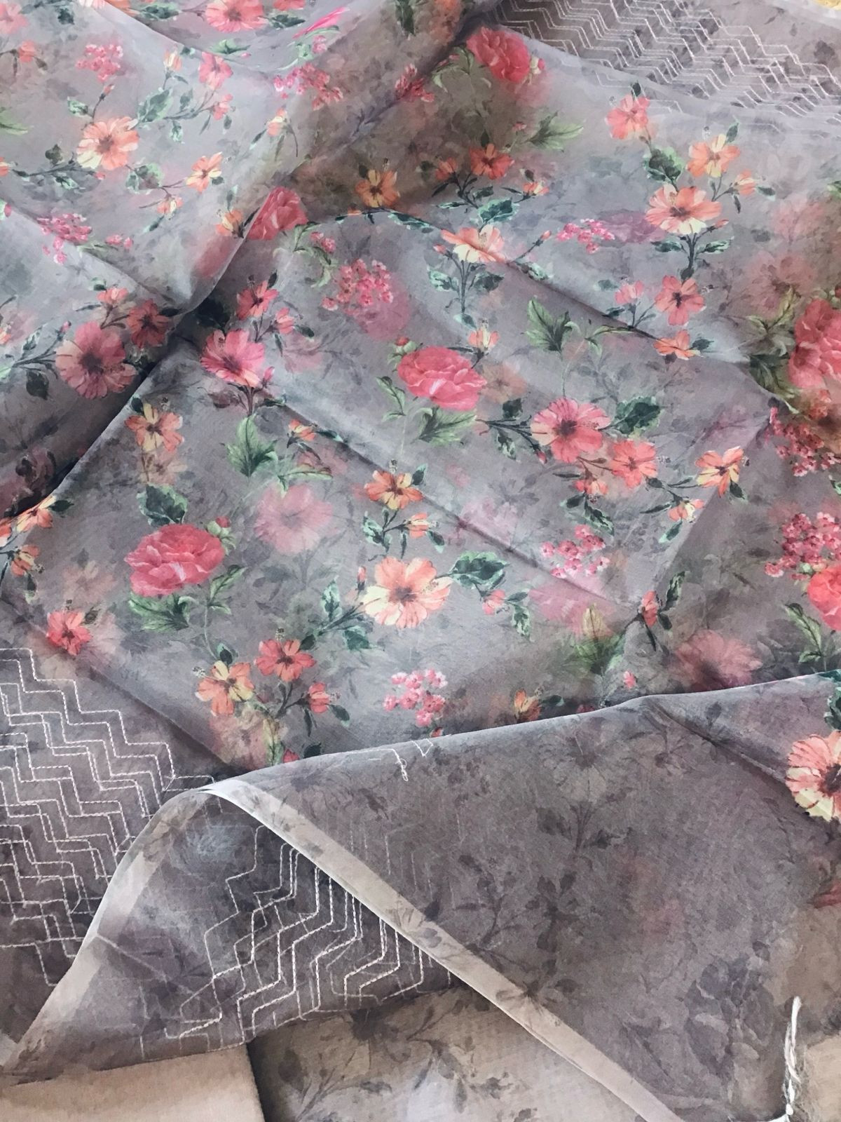 Pure Muslin Printed Embroidered Suit - Beigish Grey