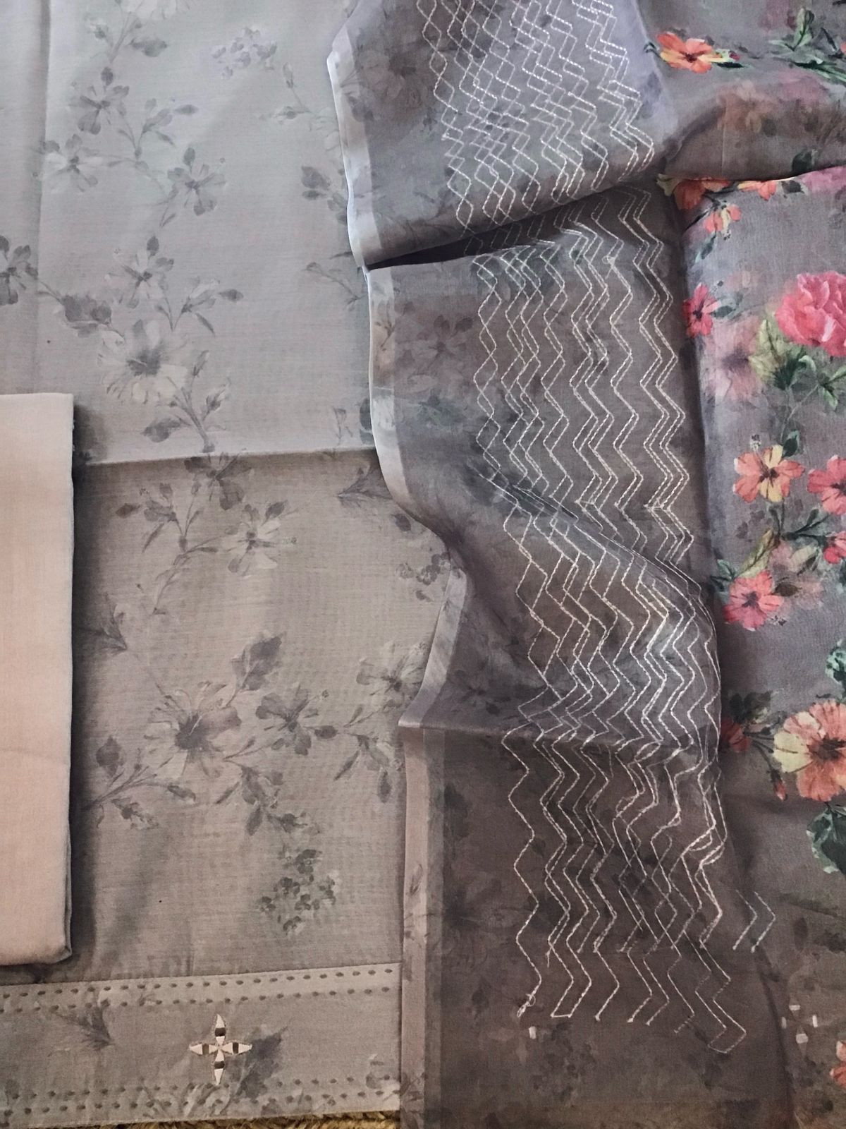 Pure Muslin Printed Embroidered Suit - Beigish Grey