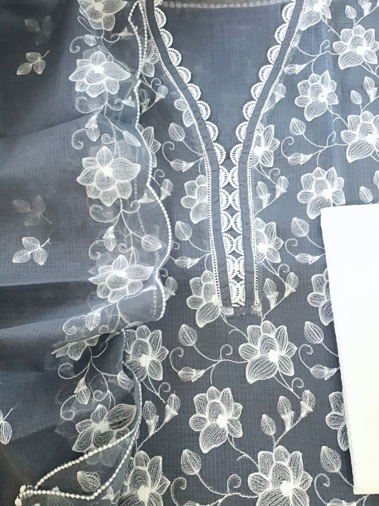 Image of Pure Kota Cotton Embroidered Suit - Grey