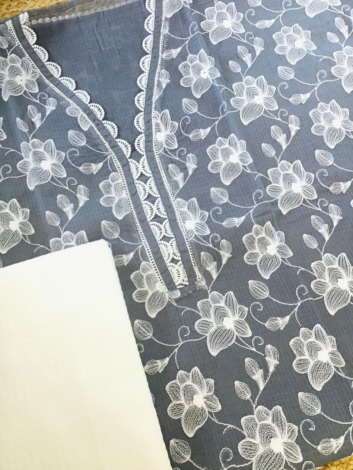 Pure Kota Cotton Embroidered Suit - Grey