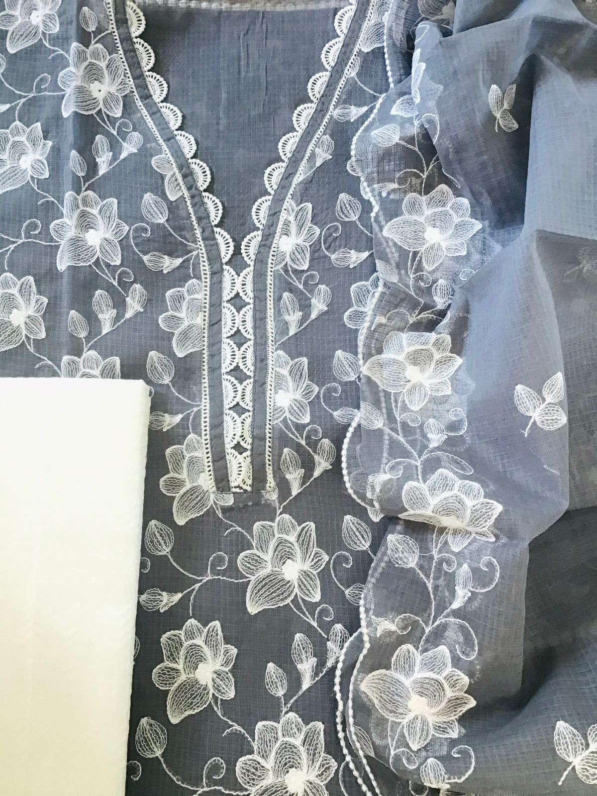 Pure Kota Cotton Embroidered Suit - Grey