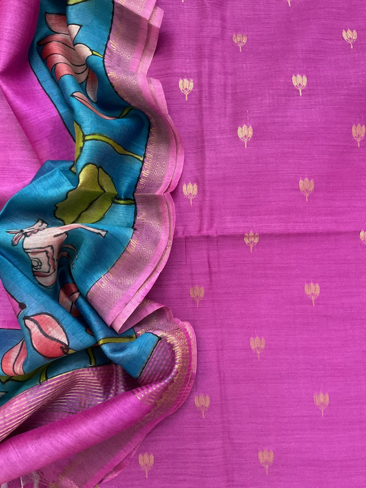 Pure Munga Silk Printed Banarasi Weaved Suit - Magenta