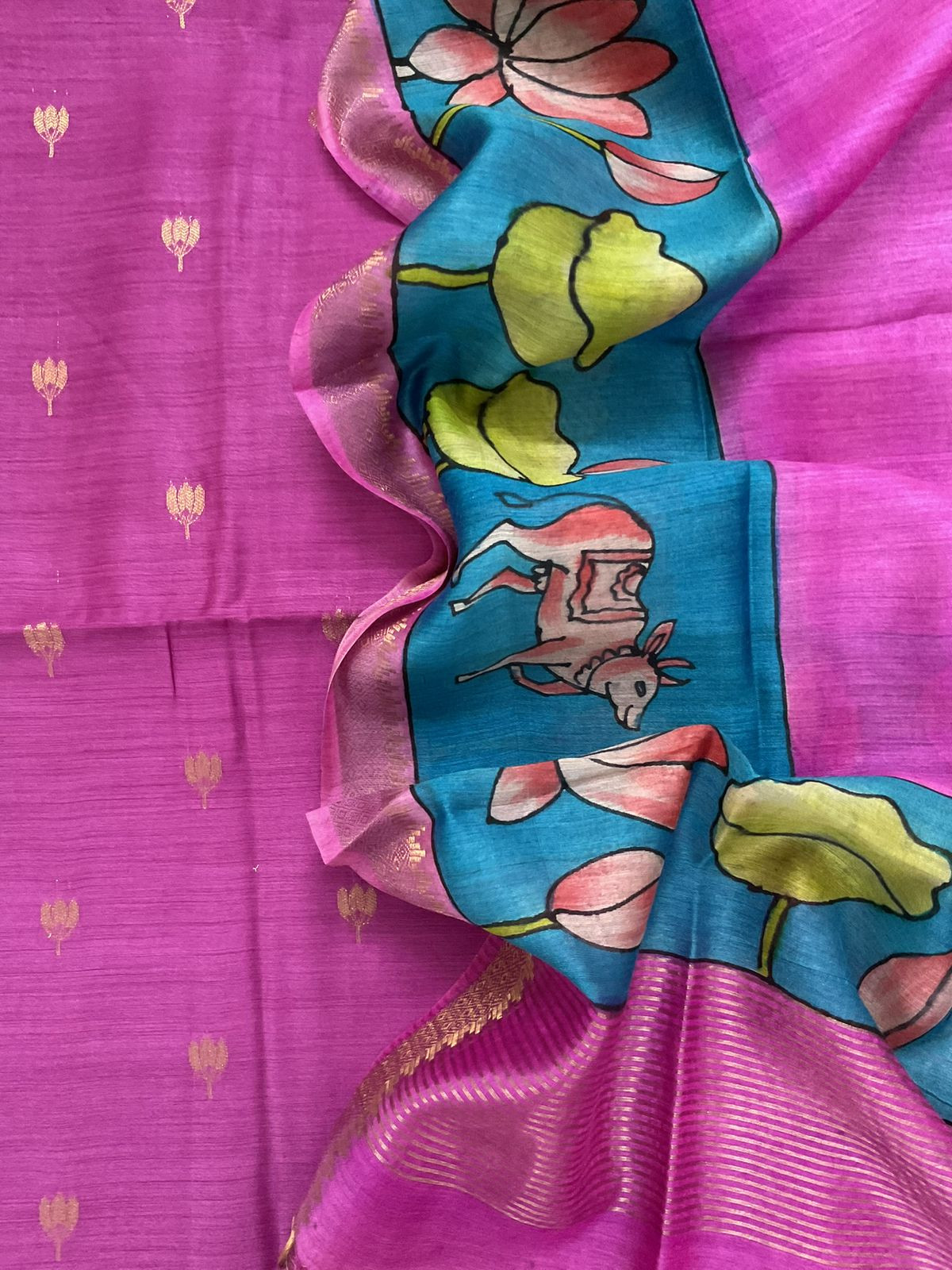 Pure Munga Silk Printed Banarasi Weaved Suit - Magenta