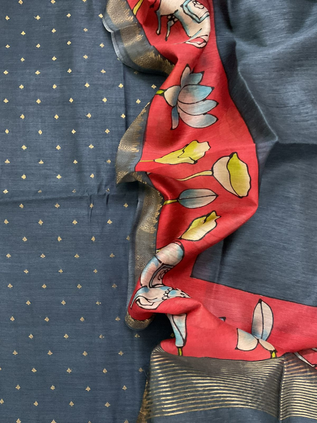 Pure Munga Silk Printed Banarasi Weaved Suit - Grey