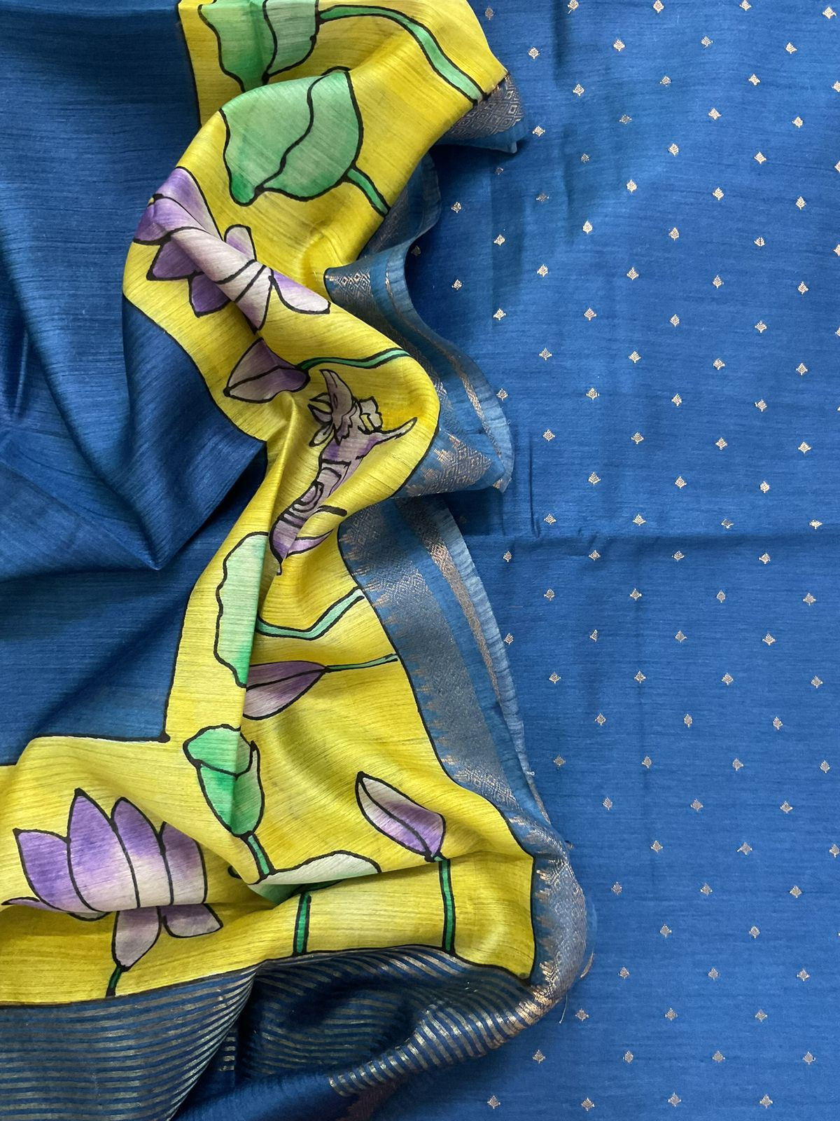 Pure Munga Silk Printed Banarasi Weaved Suit - Blue