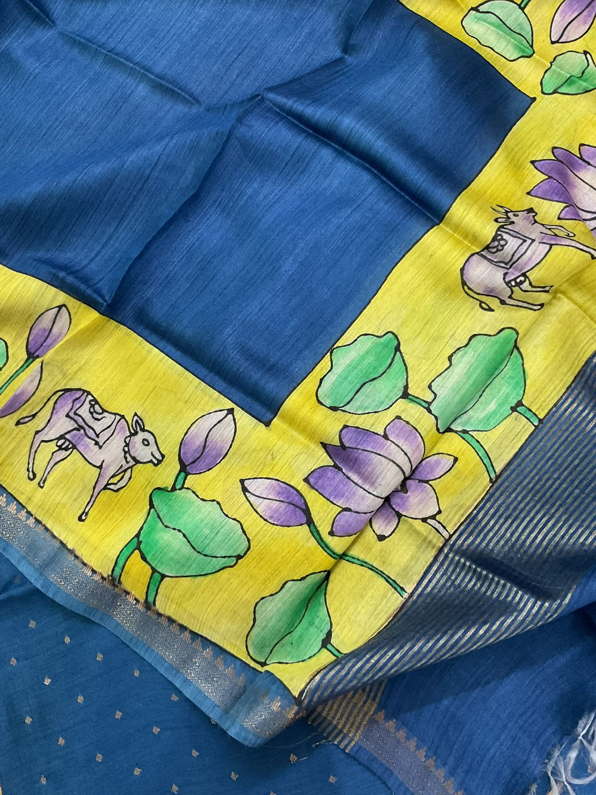 Pure Munga Silk Printed Banarasi Weaved Suit - Blue