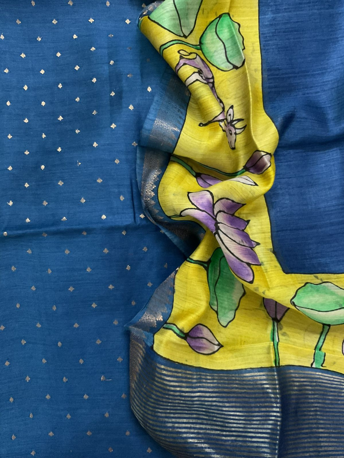 Pure Munga Silk Printed Banarasi Weaved Suit - Blue