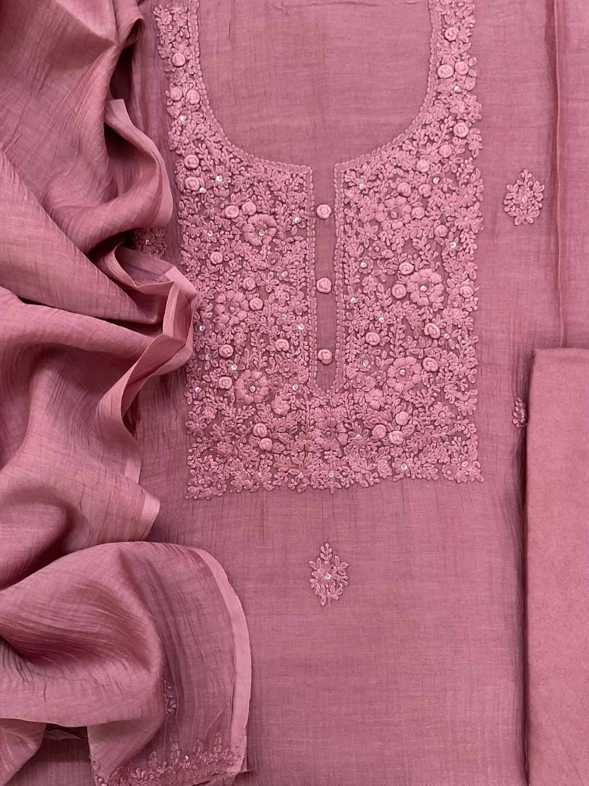 Pure Mul Chanderi Embroidered Suit - Onion Pink