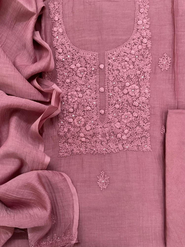 Image of Pure Mul Chanderi Embroidered Suit - Onion Pink