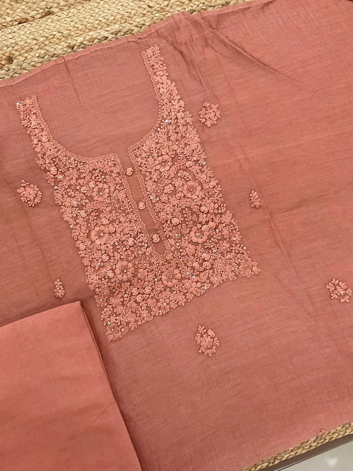 Pure Mul Chanderi Embroidered Suit - Brownish Peach