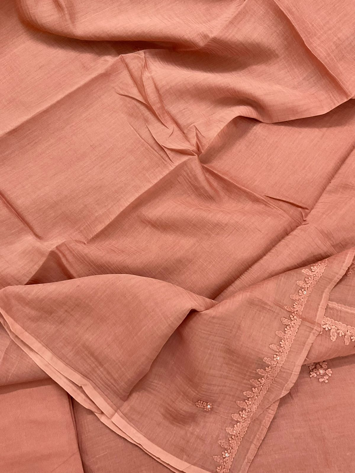 Pure Mul Chanderi Embroidered Suit - Brownish Peach