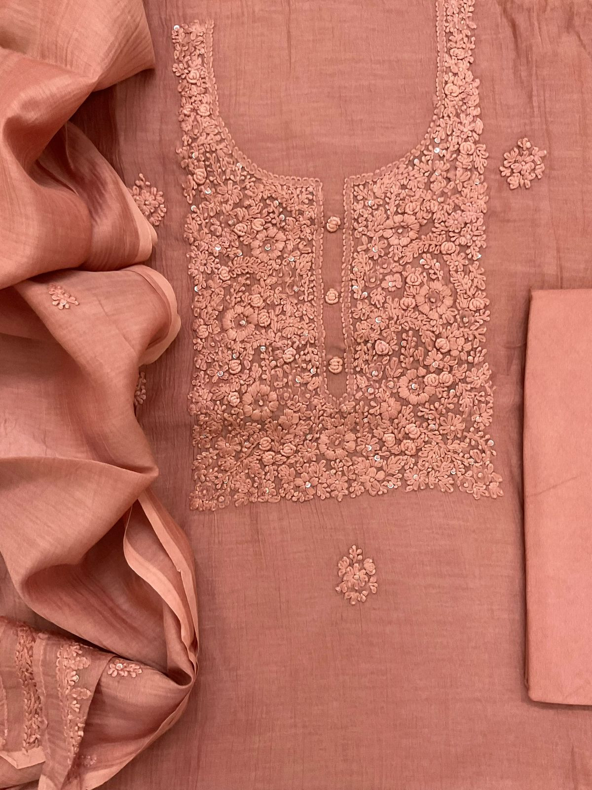 Pure Mul Chanderi Embroidered Suit - Brownish Peach