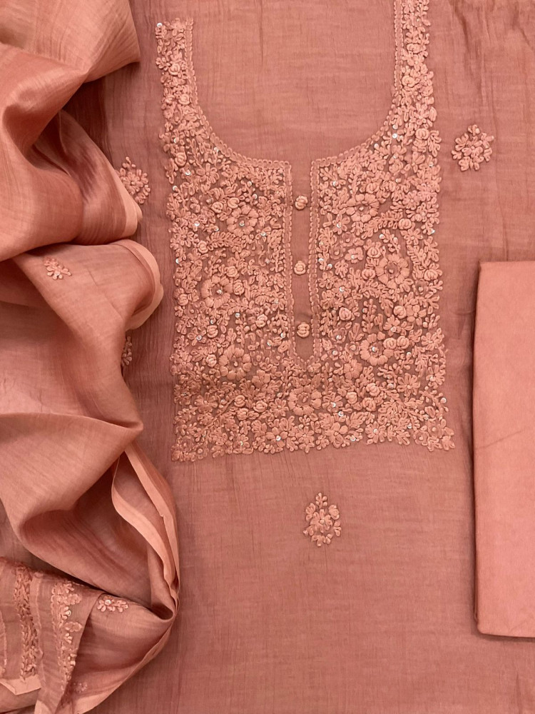 Image of Pure Mul Chanderi Embroidered Suit - Brownish Peach