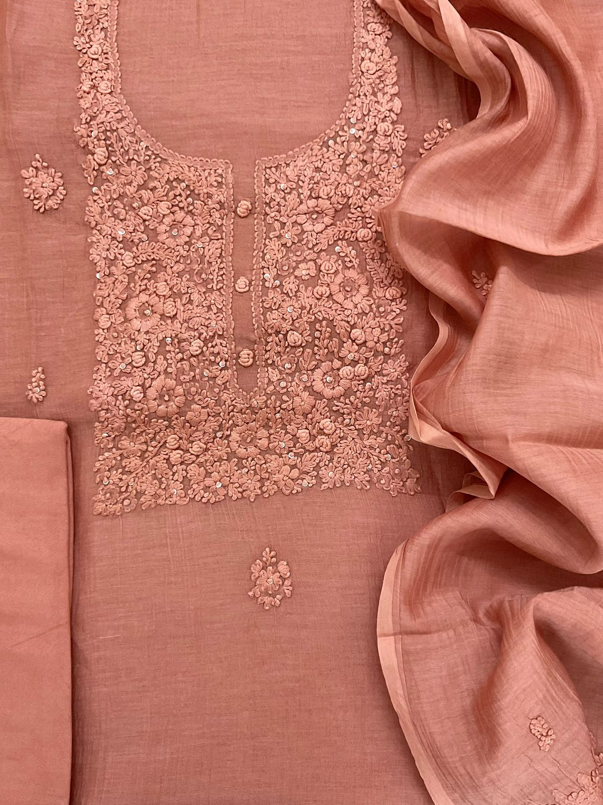 Pure Mul Chanderi Embroidered Suit - Brownish Peach