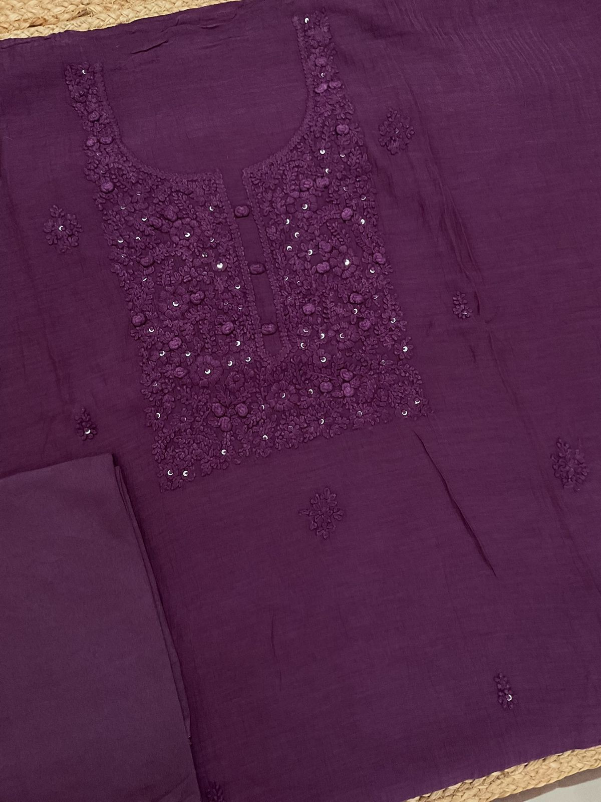 Pure Mul Chanderi Embroidered Suit - Violet