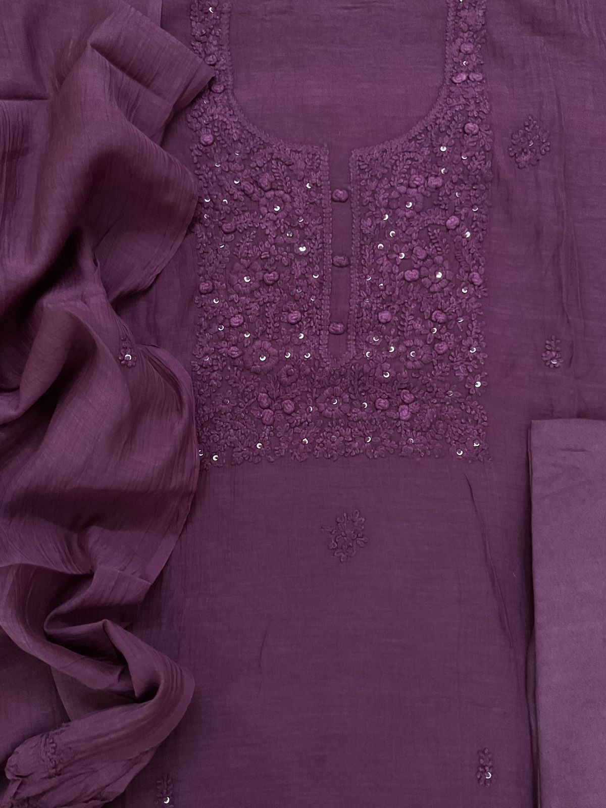 Pure Mul Chanderi Embroidered Suit - Violet