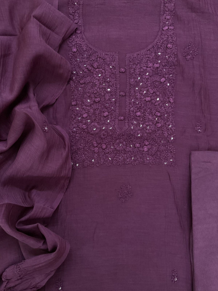 Image of Pure Mul Chanderi Embroidered Suit - Violet
