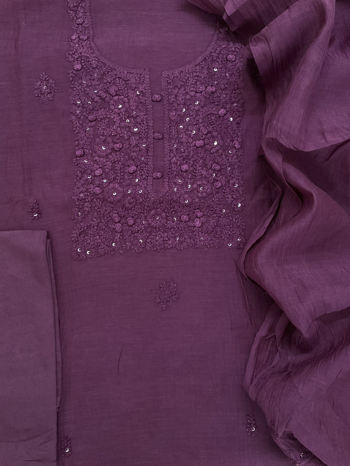 Pure Mul Chanderi Embroidered Suit - Violet