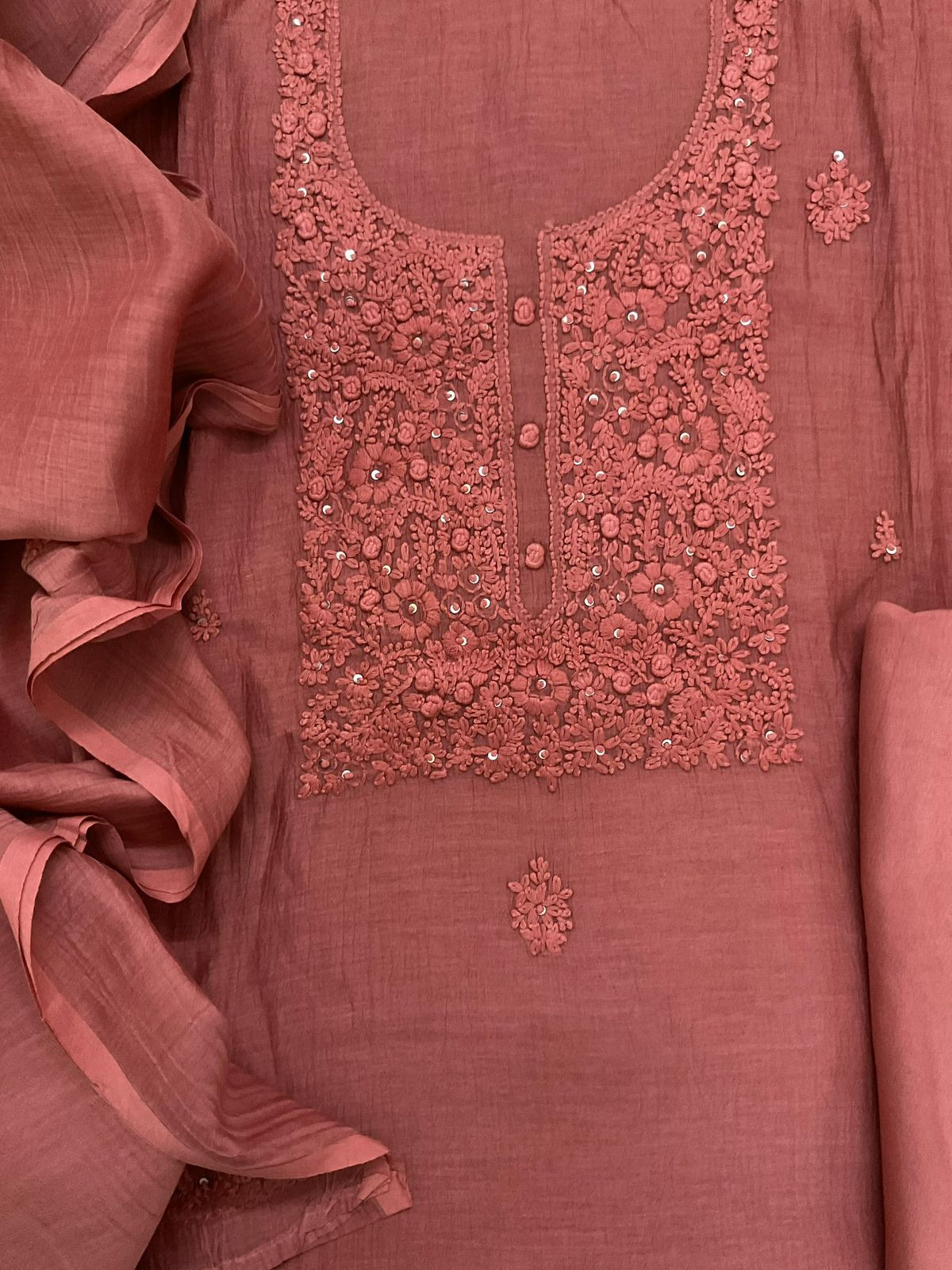 Pure Mul Chanderi Embroidered Suit - Rust