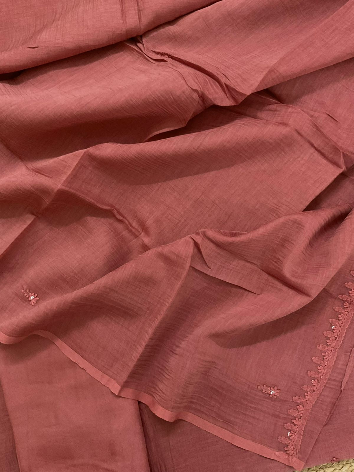 Pure Mul Chanderi Embroidered Suit - Rust