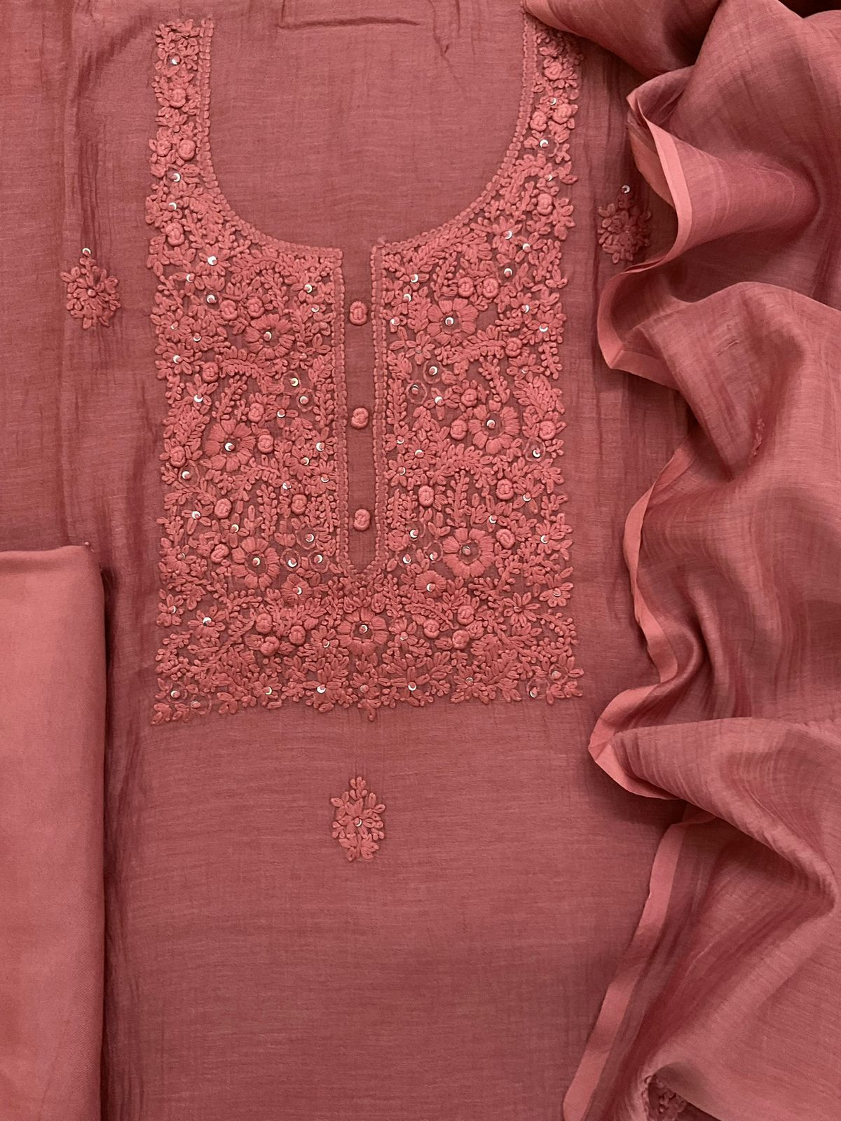 Pure Mul Chanderi Embroidered Suit - Rust